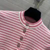 Women's T Shirts Summer Fashion Pink Stripes Knitted Women Tops O-neck Short Sleeve Gold Buttons Sweet Slim Fit T-shirt