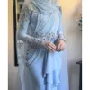 Kväll ärmar dubai kaftan arabiska långa klänningar 2022 blommor spetspärlor chiffon ljus himmel blå islamisk muslimsk formell ocn klänningar prom abiye elbisesi