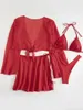 Dames badkleding 4 stks rode bikini's sets vrouwen mesh lange mouw deksel met rokzwempak 2024 zomer push strand badpak string