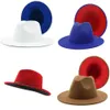 Unisex Flat Brim Wool Felt Fedora Hats with Belt Red Black Patchwork Jazz Formal Hat Panama Cap Trilby Chapeau for Men Women