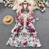 Vrouwen diepe vneck Boheemse stijl jurk Spring Summer Runway Lange mouw Casual bloemenprint Ruches Sweet Cascading Vestidos 240410