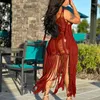 Casual Dresses Sexy Fringe Tassel Knitted Crochet Tunic Cover-up Beach Dress For Women See Through Swimwear Bathing Suit Vacation Summer