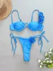 Dames badmode sexy blauwe 3D bloemenbikini's set 2024 push -up dames onderbraden micro -string badpak bloemen patchwork badpak mujer