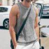 Y2K Tank Tops Men Knitted O Neck Solid Color Vest Top Streetwear Fashion Striped Crochet Knit Camisole Sleeveless Mens Hip Hop 240410