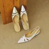 Dress Shoes Krazing Pot Cow Skin Pointed Toe Women Summer Slip On Street Wear Art Design Low Heels Slingback Gold Color Young Lady