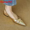 Kledingschoenen Krazing Pot Cow Skin Pointed Toe Dames Zomer Slip op Street Wear Art Design Lage Hakken Slingback Gold Color Jong Lady