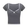 Women's T Shirts Y2k Lace Trim Crop Top Women Summer Square Collar Short Sleeve Tees Coquette Aesthetic Sweet Slim Tops Clothes