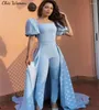 Party Dresses Korean Light Blue Jumpsuit Prom Dress With Train Square Collar Short Sleeve Satin Pantsuit Evening 2024 Birthday