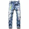 Heren jeans skinny gescheurde gescheurde toegepaste rek blauw slanke taille patchwork bedelaarbroek