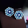 Boucles d'oreilles étalon trois graces belles bleu cz zircon couleur argenté grande fleur pour femmes bijoux de fiançailles de mariage de luxe E1792