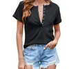 Women's T Shirts Women Summer Short Cuffed Sleeve Button Up V-Neck Blouses T-Shirt Casual Solid Rib Knitted Curved Hem Basic Bodycon Top