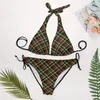 Dames badkleding vintage plaid bikini zwempak push up kleurrijke lijnen print diep v set zoete vrouwen sexy fitness biquini