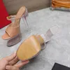 Classic women slipper clear chunky heel 15.5cm super high heels sandals top quality mirror quality pump real leather dress shoes luxury outdoor beach slipper with box