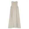 Casual Dresses 2024 French Style Linen Elegant Party For Women Sleeveless Back Button Hollow Out Long Chic Boho Sundress