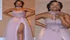 2018 New Dusty Pink Bridesmaid Dresses Lace Applique Halter Floor Length Split Tulle For Wedding Maid of Honor Gowns Prom Evening 5897381