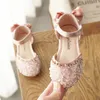 Sapatos de couro infantil meninas sapatos de casamento crianças princesas sandálias lantejoulas arco garotas de dança casual sandálias planas 240416