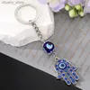 سلاسل المفاتيح Lanyards Zircon Blue Evil Eye Hamsa Hand -key -key Ring Women Men Turkish Lucky Eye Bead Fatima Hand Bag Accessories Jewelry Y240417