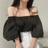 Women's Blouses Blouse Women Office Lady Korea French Style Loose Solid Knitted Lantern Sleeve Strapless Blusas Womens Tops And