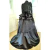 Zwarte Victoriaanse vintage Gotische bruiloft Bustle bruidsjurken Ruches Hoge nek Lange mouwen Lace Applqiue kralen een lijn Maskerade Vampire -jurk voor vrouwen