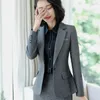 Kvinnors tvåbitar byxor Spring Black Grey Blazer Set For Women Uniform Lady Work Outfit med kjolkontor kostymer kvinnliga formella eleganta 2 st