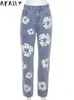 Damesjeans akaily herfst bloemenprint voor dames streetwear 2023 blauw hoge taille baggy dames solide casual rechte lange broek drop del dhql8