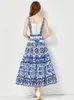 Summer runway red blue and white porcelain printed two-piece women's short halter crop top holiday long dress set 240411