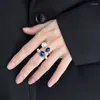 Ringos de cluster 925 Sterling Silver Gold Color Pearl Blue Zircon Ring For Women Girl Gift Retro Versátil Personalidade Jóias