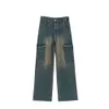Autumn New High Street Work Pants Design de bolso sentindo Wash Water Cantura alta Jeans de perna reta para mulheres