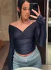 Taruxy Folds Deep V Neck Shirts For Women Trendy Summer Casual Long Sleeve Tees Womens Sexig Streetwear Clubwear Woman 240417