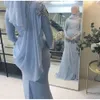 Kväll ärmar dubai kaftan arabiska långa klänningar 2022 blommor spetspärlor chiffon ljus himmel blå islamisk muslimsk formell ocn klänningar prom abiye elbisesi