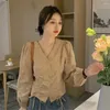 Kadın Bluzları 2024 Sonbahar Koreli Kadınlar Bahar Uzun Kollu V Boyun Dantel Gömlek Zarif Tek Göğüslü Lady Slim Casual Bluz Moda Bezi