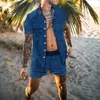 Summer Beach Fashion Hawaiian Print Casual 3D masculino de duas peças Camisa de manga curta Terno de masculino 240417