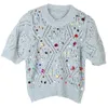 Sparkly trui met korte mouwen met een holle ontwerp voor vrouwen, designer New Summer Knitwear