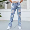 Frauen Jeans Xuru - Europäischer und amerikanischer Distressed Wear Trendy gewaschene weiße mittlere Taille Long K1-6236