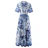 Summer Designer Runway Dresses for Women Fashion Blue and White Porcelain Print Midi Dress Short Sleeve Vintage Vacation Vestidos Female Clothing XXL