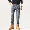 Jeans masculinos Four Seasons Men High Street Color Paint Slim Mid-Baist Lavar calças de moto retas de comprimento