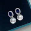 Stud Earrings JMK Oval Blue Zircon Pearl For Women Green Bridal Wedding Jewelry Gift Bridesmaid Anniversary Birthday Party