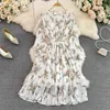 Casual Dresses Spring Women's Dress French Style Elegant Floral Printing A-Line Mid-Length O-Neck Petal Sleeve Lace-Up For Ladies