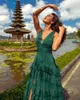 Sukienki imprezowe Bafftafe Green Glitter Tiulle Prom Deep V-deck-dekolt Warstwowa spódnica podzielona kobiety Suknie wieczorowe Specjalna sukienka konkursowa 2024