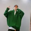 Herrenpullover Kleidung Kleidung Zip-up Grüne Reißverschluss Strickpullover männliche Strickjacke Kragen einfache Farbe Overfit lässig über Fit Y2K Streetwear