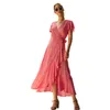 Sommer Womens gegen Nackenblumendruck Kurzarm Langes Kleid Beach Maxi