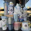 water bottle Starbucks New Year Cup winter skiing crystal snow mountain durian glass straw mark thermos cup set kettle L48