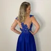 Royal Blue A-Line Avond Dress 2024 Sheer Neck Lace Appliques Illsuin Back Long Formal Birthday Party Jurken Prom Dresses Robe de Soiree