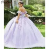 Lilas hors de la robe de bal épaule quinceanera robes illusion 3d vestidos corset de dentelle florale de 15 anos