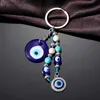 Keychains Lanyards Blue Evil Eye Star Flower Keychains Keyring Women Men Glass New Vintage Hollow Round Turkey Lucky Eye Beads Bag Car Gift Jewelry Y240417