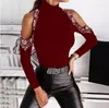 Women's T Shirts Fashion Spring And Autumn Stand Collar Solid Color Sexy Rhinestone Off-Shoulder Long Sleeve T-shirt Bottoming