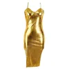 Abiti casual Shiny Gold in pelle oro Donne midi sexy cinghia sexy bodycon irregolare abbigliamento 2024 eleganti donne da festa da festa