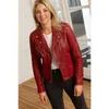 Jackets femininas Mulheres Menas de couro vermelho escuro |Slim Fit Motorcycle Biker