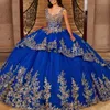 Blauwe glanzende quinceanera -jurken van de schoudergouden applique kanten kralen Tull Ball Jurk Vestidos de 15 anos Sweet 16