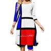 Casual Dresses Mondrian Flare Dress Square Neck Elegant Female Fashion Printed Piet Composition Famous Red Yellow Blue